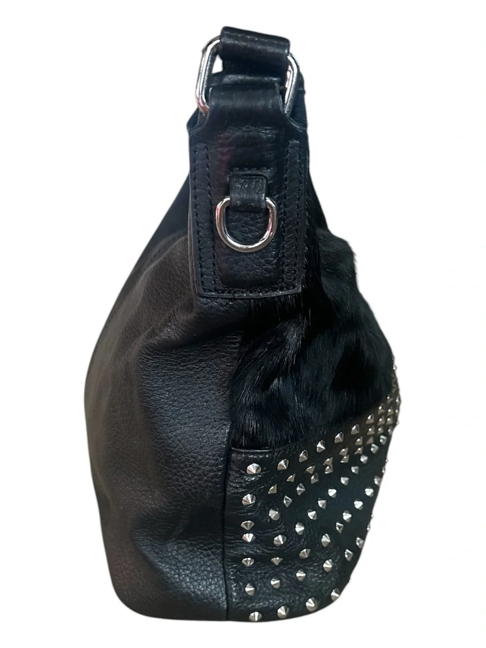 Aqua Madonna Calf Hair Stud Detail Black Leather Hobo Bag Purse